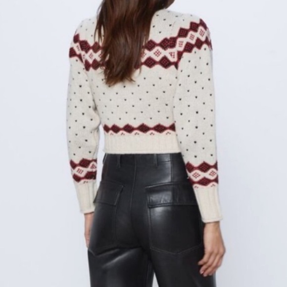 [S]Zara Geometric Holiday Wool Blend Cropped Sweater - Picture 2 of 10
